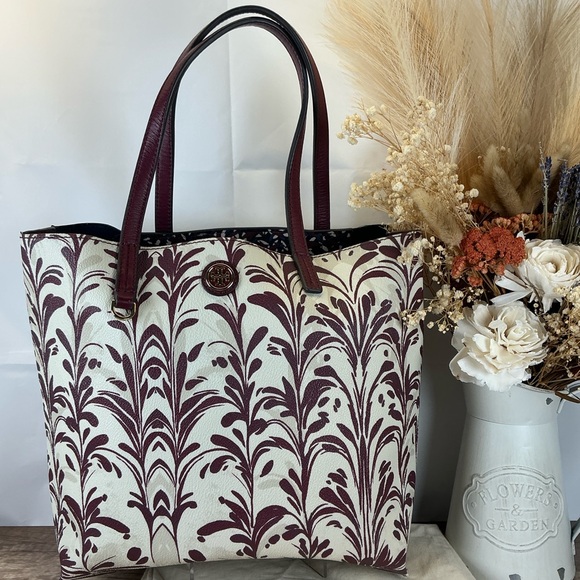 Tory Burch Kerrington Wonderland Burgundy Cream Tote Hand Shoulder Bag - Picture 5 of 17